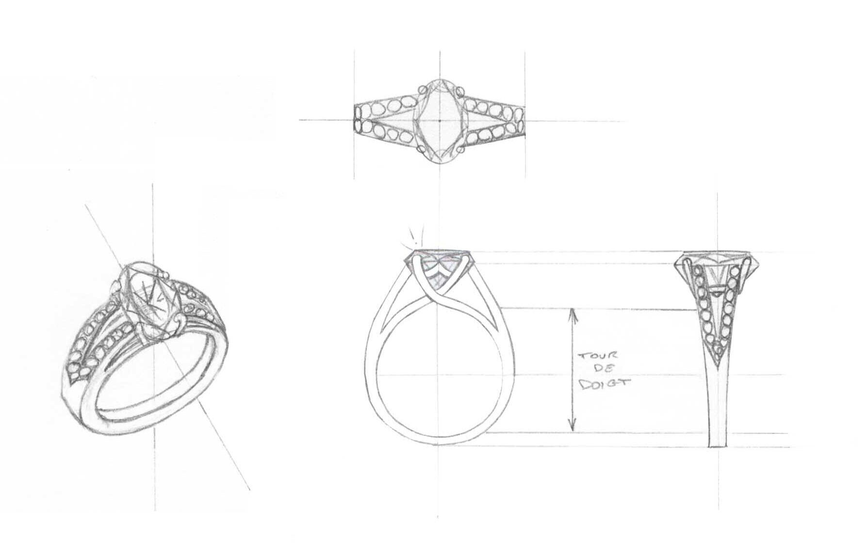 croquis d'une bague sous différents angles